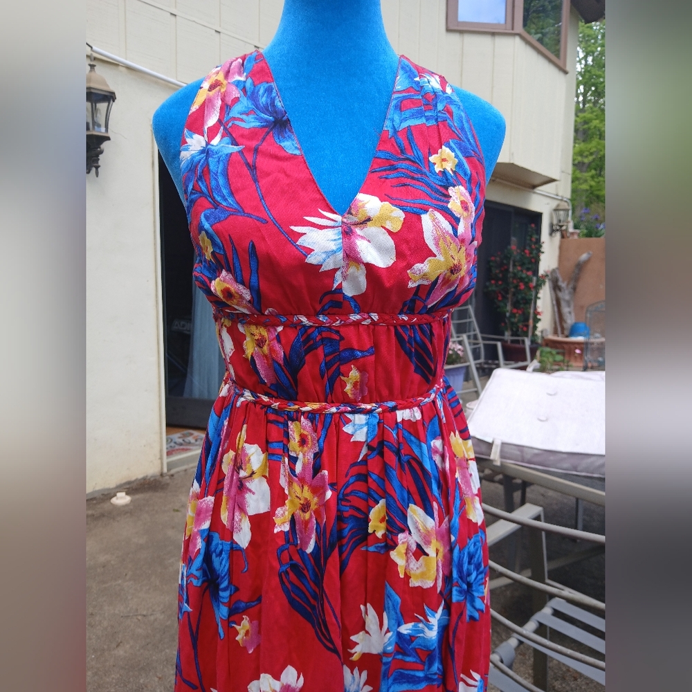 Japna Red and Blue Floral Halter Sundress Maxi Dress Small - Picture 2 of 8